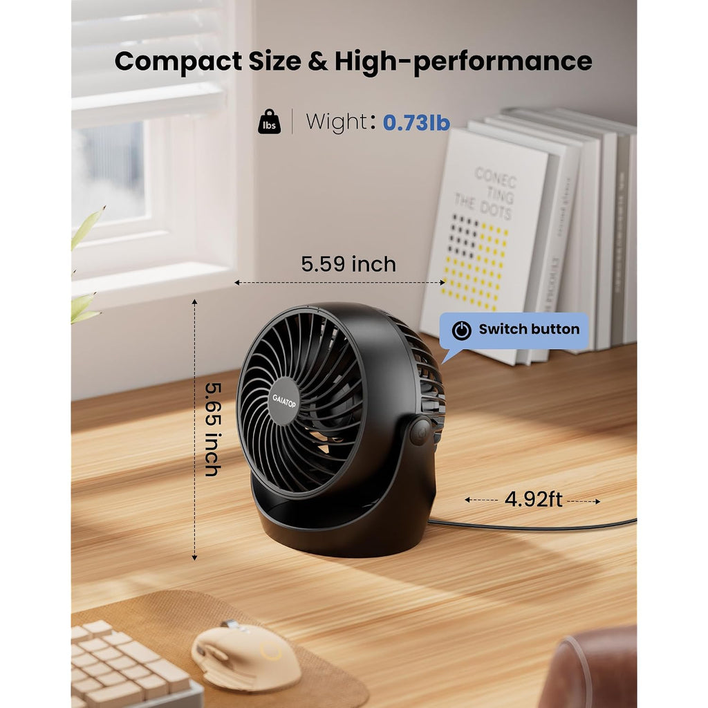 Gaiatop Desk Fan, 5-Inch Portable Electric Table Desktop Air Circulator Fans, Small But Powerful With 3 Speed 360° Adjustable Tilt For Cooling Home Dorm Office Bedroom Bathroom Kitchen, Black