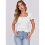 Women Short Sleeve Tops Scoop Neck Ribbed Knit Slim Fitted Basic Tee Shirt Casual Summer Clothes 2026 Spring Outfits