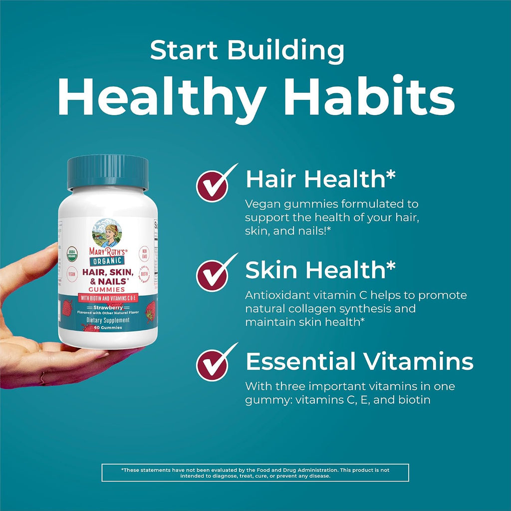 Maryruth'S Hair Skin And Nail Vitamins | Usda Organic | 2500 Mcg Biotin Gummies With Vitamin C & Vitamin E | Hair Growth Vitamins | Skin Care | Nail Growth | Ages 14+ | 60 Count