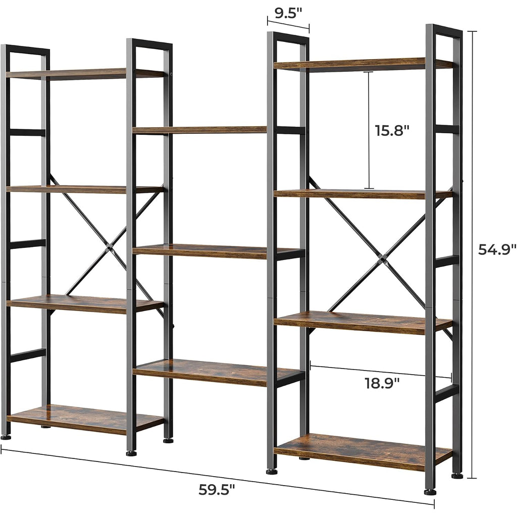 Superjare Triple Bookshelf, Bookcase With 11 Open Display Shelves, Wide Book Shelf Book Case For Home & Office, 4 Tier, Brown