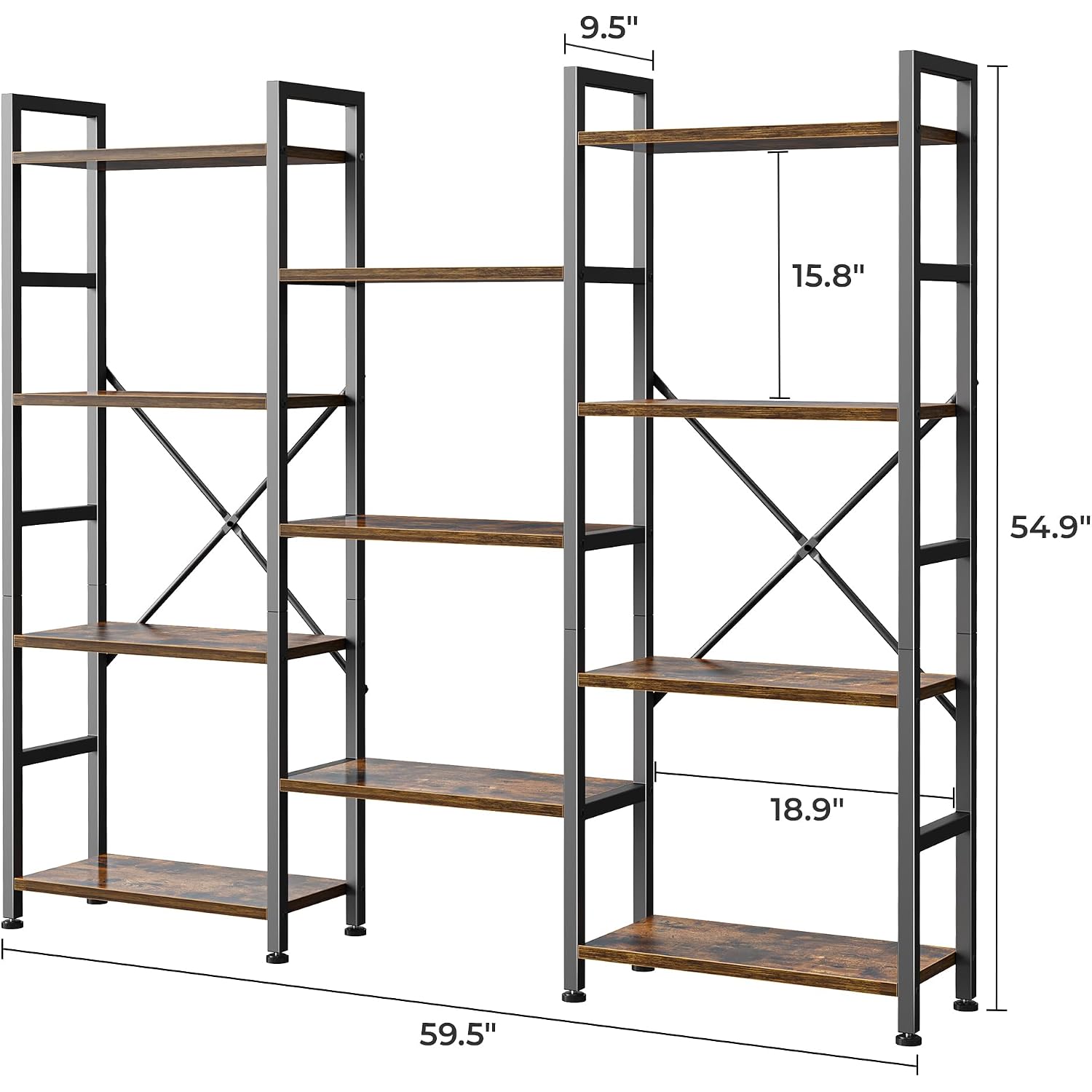 Superjare Triple Bookshelf, Bookcase With 11 Open Display Shelves, Wide Book Shelf Book Case For Home & Office, 4 Tier, Brown