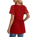 Ofeefan Womens Summer Tops Babydoll Short Sleeve Shirts Button Down Lace Sleeve Peplum Tunic Tops V Neck T Shirts