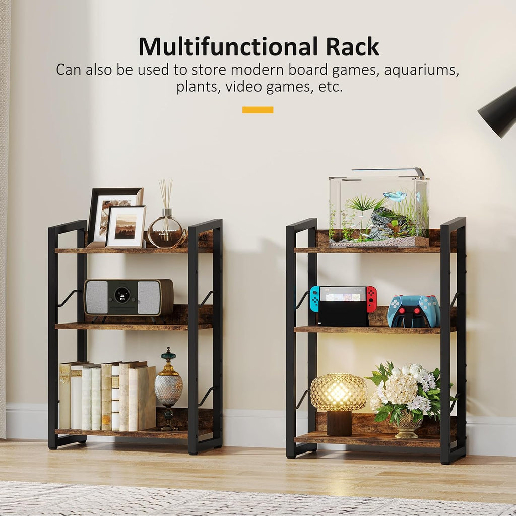 Book Shelf Small Bookshelf: 3-Tier Wood Bookcase Industrial Bookshelf With Edge Protection Metal Narrow Bookcase Storage Organizer Display Rack For Bedroom Home Office (Rustic Brown)