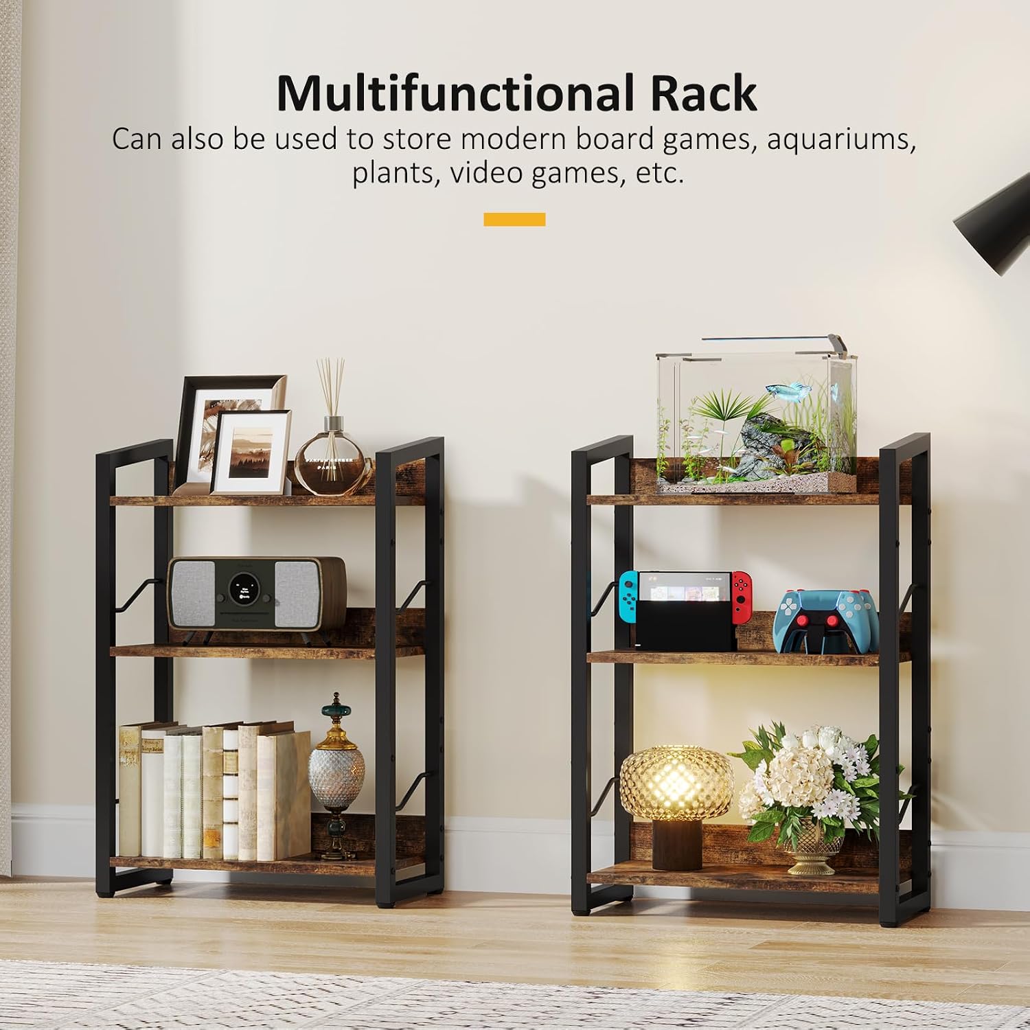 Book Shelf Small Bookshelf: 3-Tier Wood Bookcase Industrial Bookshelf With Edge Protection Metal Narrow Bookcase Storage Organizer Display Rack For Bedroom Home Office (Rustic Brown)