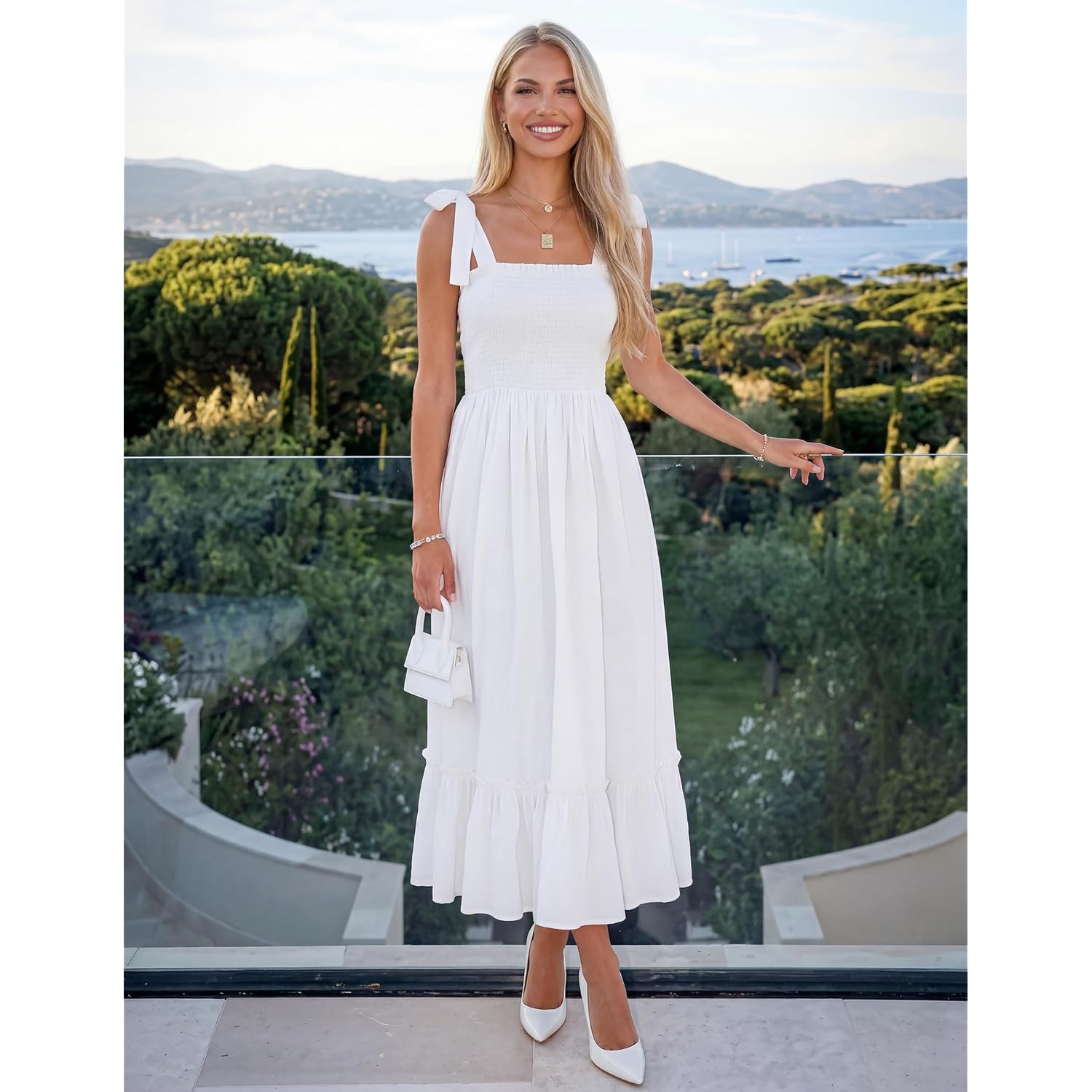 Zesica Women'S 2026 Summer Boho Spaghetti Strap Square Neck Solid Color Ruffle A Line Beach Long Maxi Dress