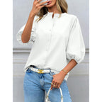 Tankaneo Womens Half Puff Sleeve Button Down Shirts Cotton Loose Fit Tops Summer Dressy Casual Blouses