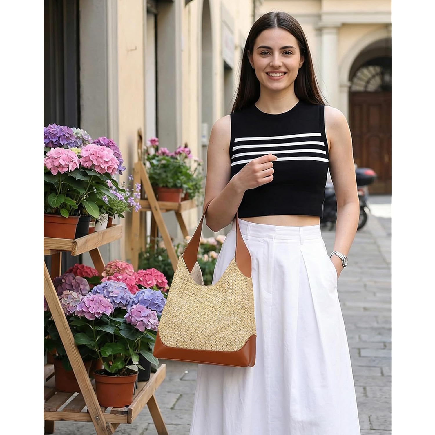 Herald Small Summer Straw Woven Hobo Shoulder Tote Bag For Women | Slouchy Vacation Beach Raffia Shoulder Handbag Tote Purse