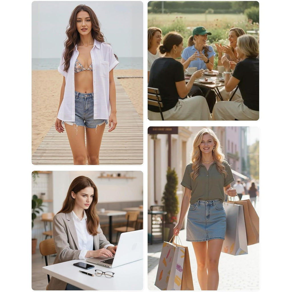 Womens Cotton Linen Button Down Shirts Casual Short Sleeve Solid Summer Blouses Tops with Pocket