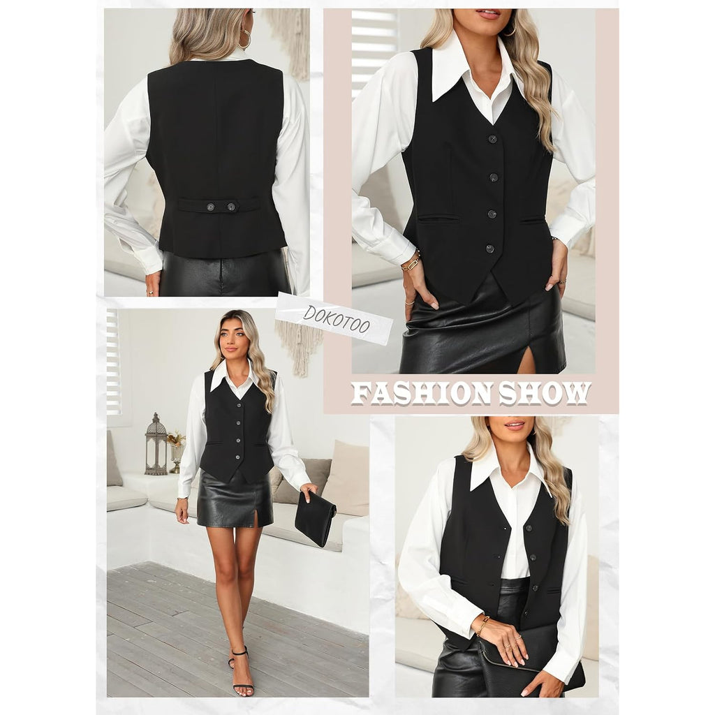 Dokotoo Womens Vest Dressy Casual V-Neck Button-Down Lined Suit Jacket Waistcoat Versatile Vests