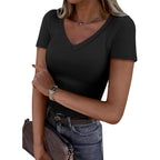 Women Short Sleeve V Neck Ribbed Knit Fitted Shirts Basic Tees Tops 2026 Summer Casual T-Shirts Going Out Outfits