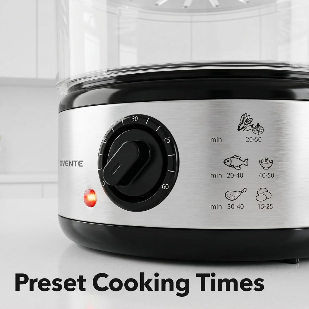 Ovente 2-Tier Electric Food Steamer, 5 Quart Stainless Steel Stackable Steam Cooker With 400W Power, 60-Minute Timer & Auto Shut-Off, Dishwasher Safe, Healthy Vegetable & Seafood Steamer, Silver Fs62S