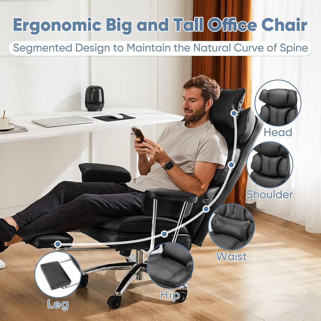Dumos Home Office Desk Executive Chair - Ergonomic Big Tall High Back With Footrest & Lumbar Support, Reclining Height Adjustable, Comfy Pu Leather Computer Gaming With Swivel Wheels, Black