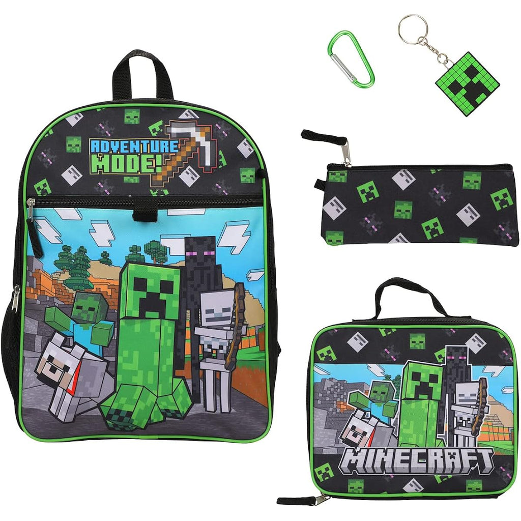 Bioworld Unisex Minecraft Adventure Mode 5-Piece Backpack Set (Little Kid/Big Kid), Green, One Size