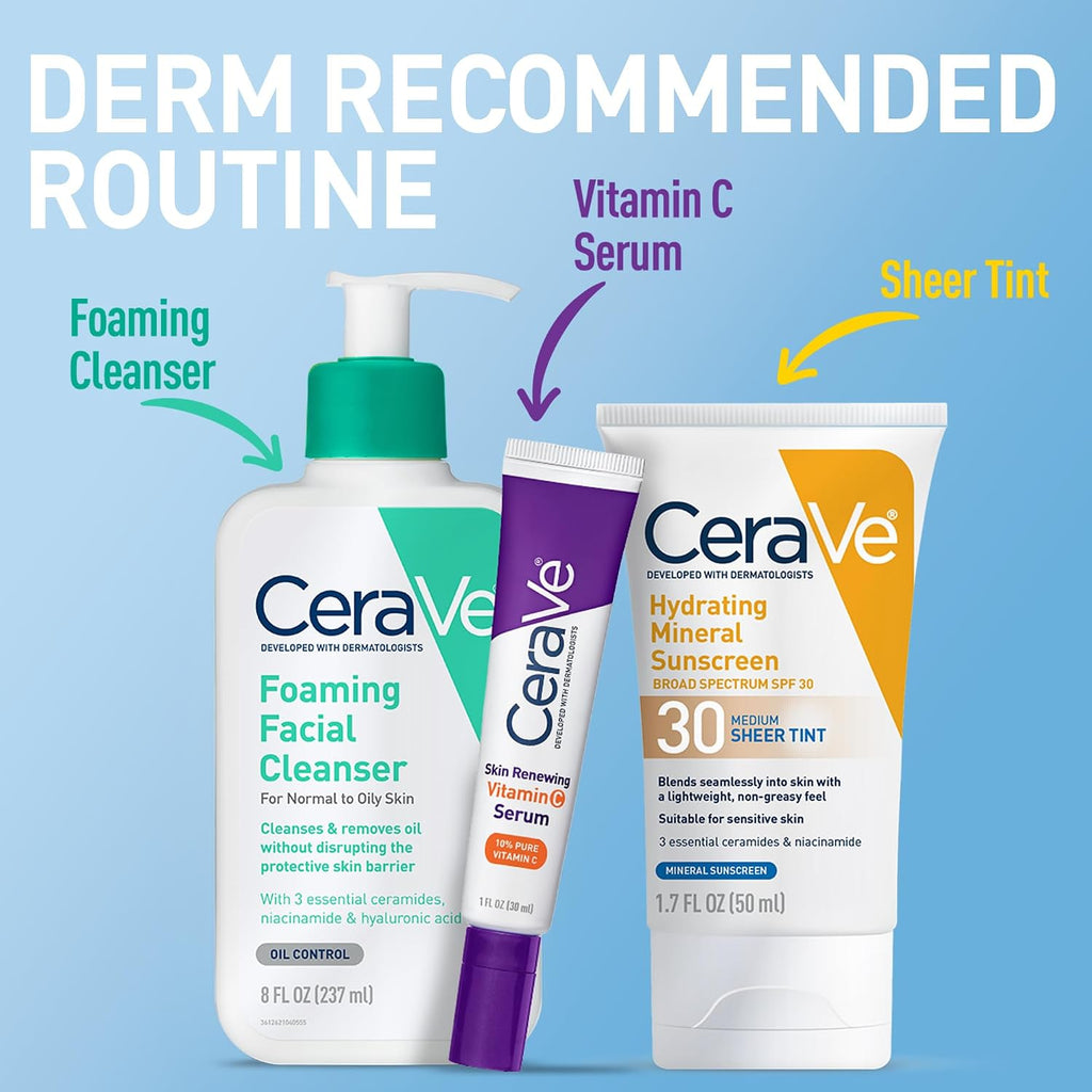 Cerave Hydrating Mineral Sunscreen Spf 30 With Sheer Tint, Tinted Mineral Sunscreen With Zinc Oxide & Titanium Dioxide, Blends Seamlessly For Healthy Glow, Light, 1.7 Oz