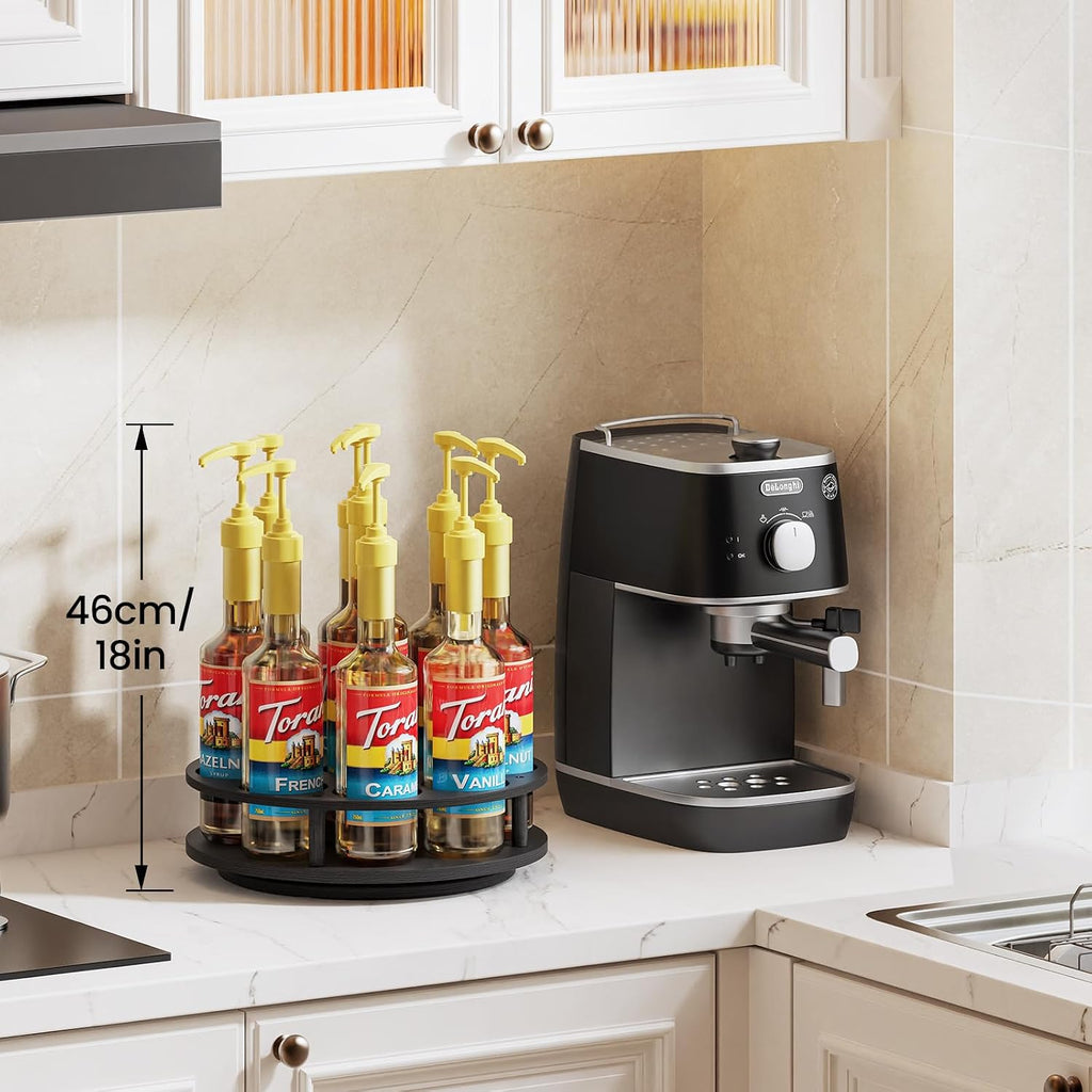 Thygiftree Rotating Coffee Syrup Organizer For Countertop, 9-Bottle Wooden Syrup Rack & Bottle Holder For Coffee Bar Station, Turntable Display Stand, Black