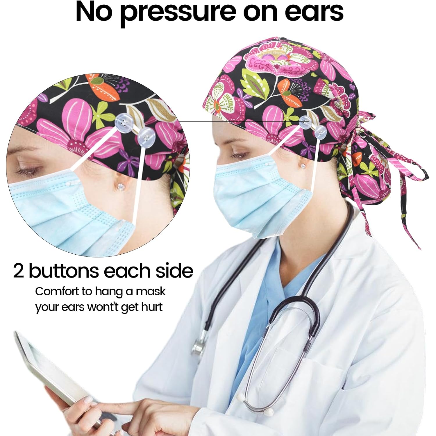 4 Pcs Scrub Caps For Women,Nurse Satin Surgical Hat Adjustable Working Cap Ponytail Holder With Buttons And Sweatband