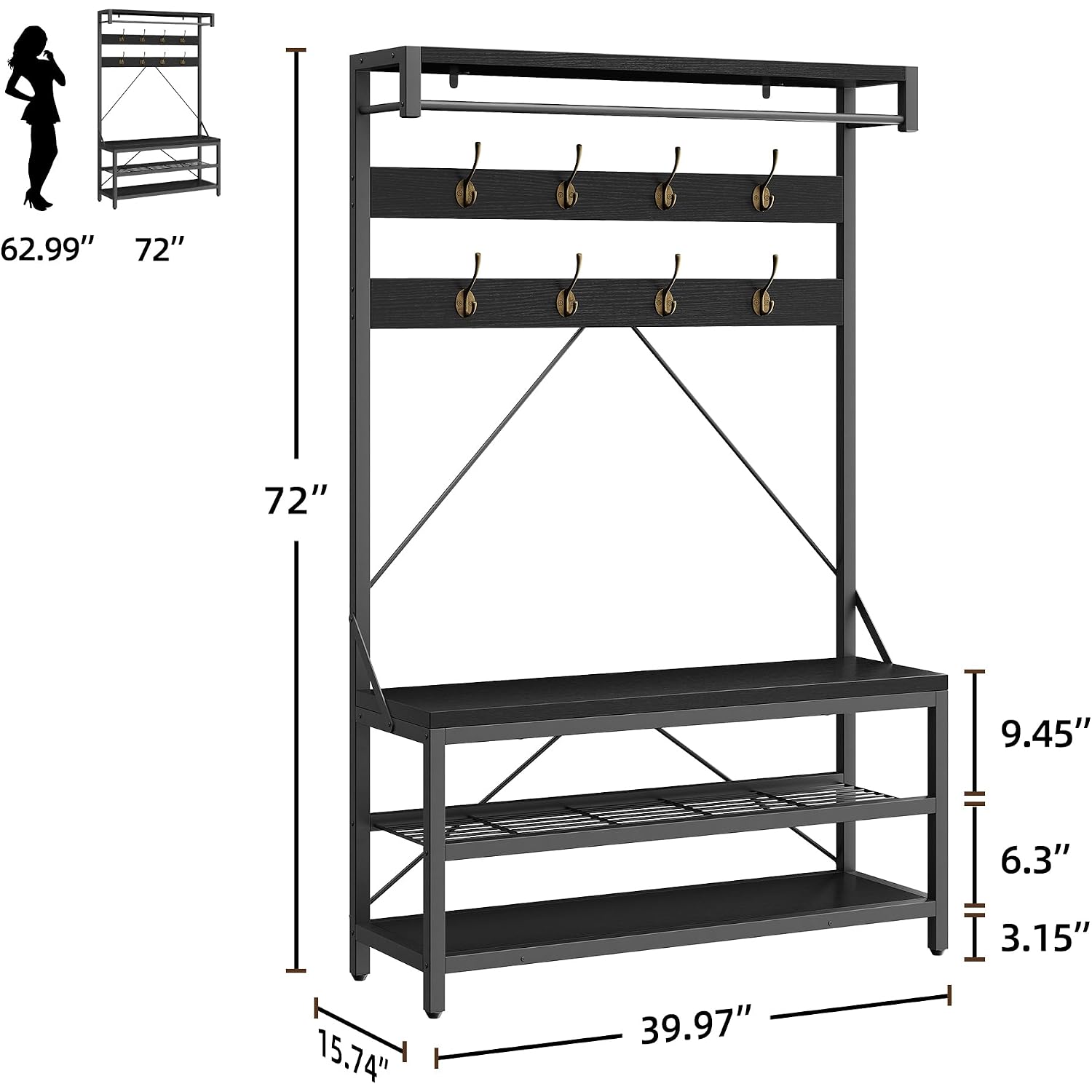 Idealhouse Industrial Hall Tree With Bench And Shoe Storage, 3-In-1 Entryway Mudroom Organizer With 8 Coat Hooks, Heavy Duty Standing Clothes Rack For Hallway, Black