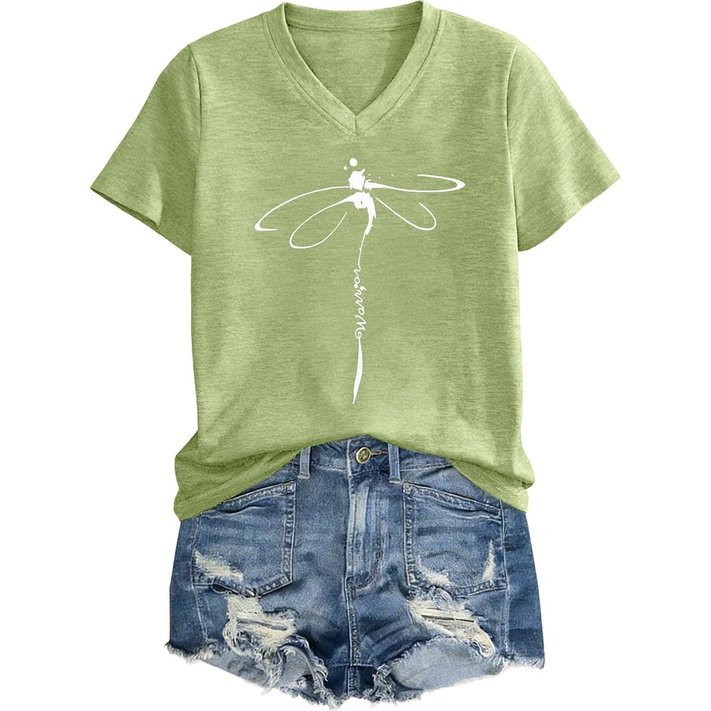 Women's T-Shirts V-Neck Dragonfly Tee Vintage Floral Shirt Boho Wildflowers Graphic Shirts Short Sleeve Tops