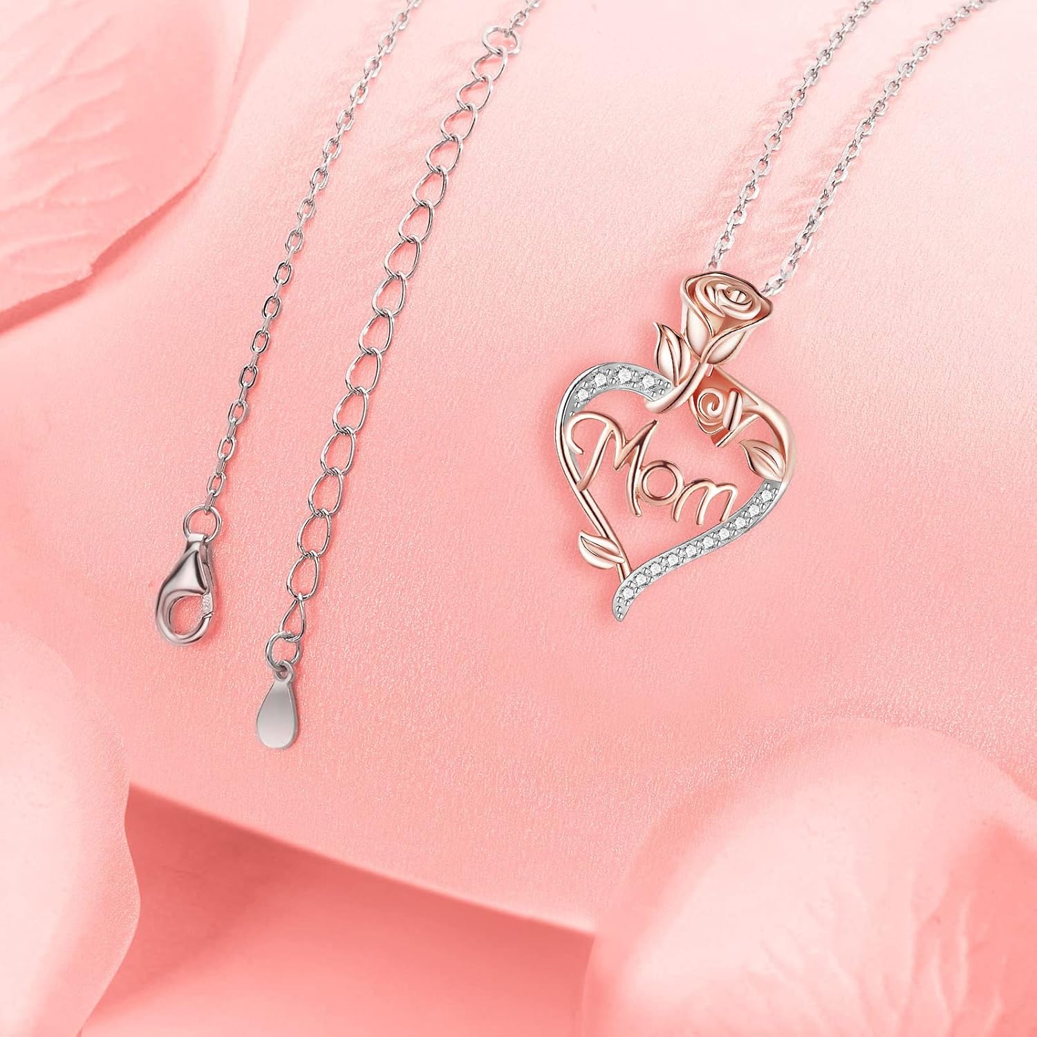 Desimtion Gifts for Mom, Sterling Silver Heart Rose Necklaces for Mom, Valentine's Day Birthday Jewelry Gifts for Women Her Girlfriend Wife