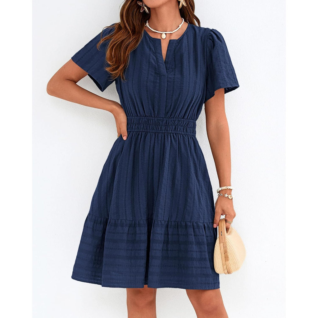Btfbm Womens Summer 2026 Casual Mini Dresses Lightweight Short Sleeve V Neck Elastic Waist Cute Boho Beach Dress Pockets