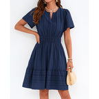 Btfbm Womens Summer 2026 Casual Mini Dresses Lightweight Short Sleeve V Neck Elastic Waist Cute Boho Beach Dress Pockets