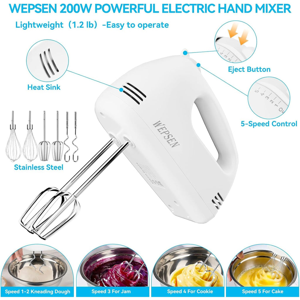 Wepsen Hand Mixer Electric Mixing Bowls Set, 5 Speeds Handheld Mixer With 4 Nesting Stainless Steel Mixing Bowl, Measuring Cups Spoons 200W Kitchen Blender Whisk Beater Baking Supplies For Beginner