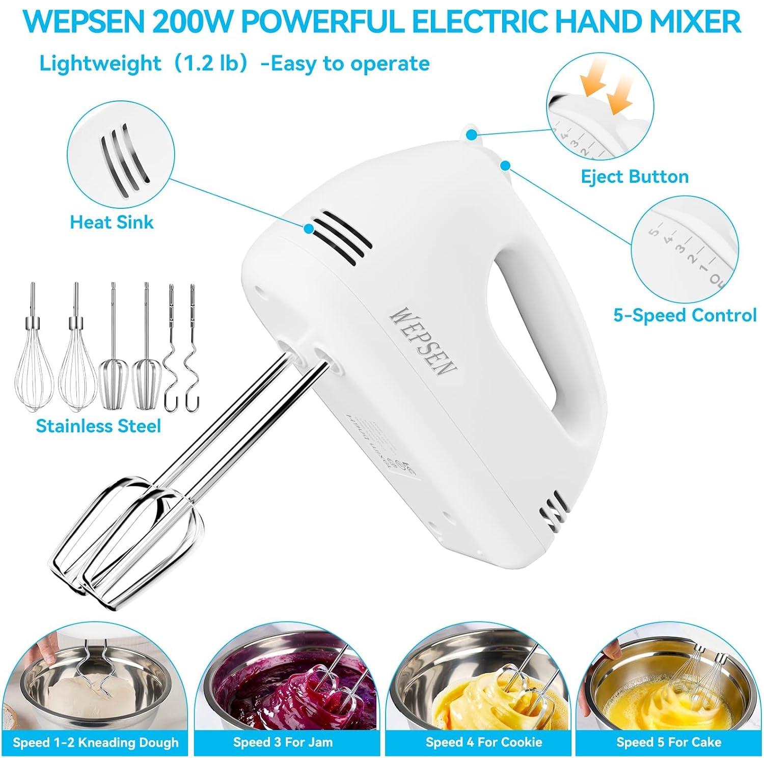 Wepsen Hand Mixer Electric Mixing Bowls Set, 5 Speeds Handheld Mixer With 4 Nesting Stainless Steel Mixing Bowl, Measuring Cups Spoons 200W Kitchen Blender Whisk Beater Baking Supplies For Beginner