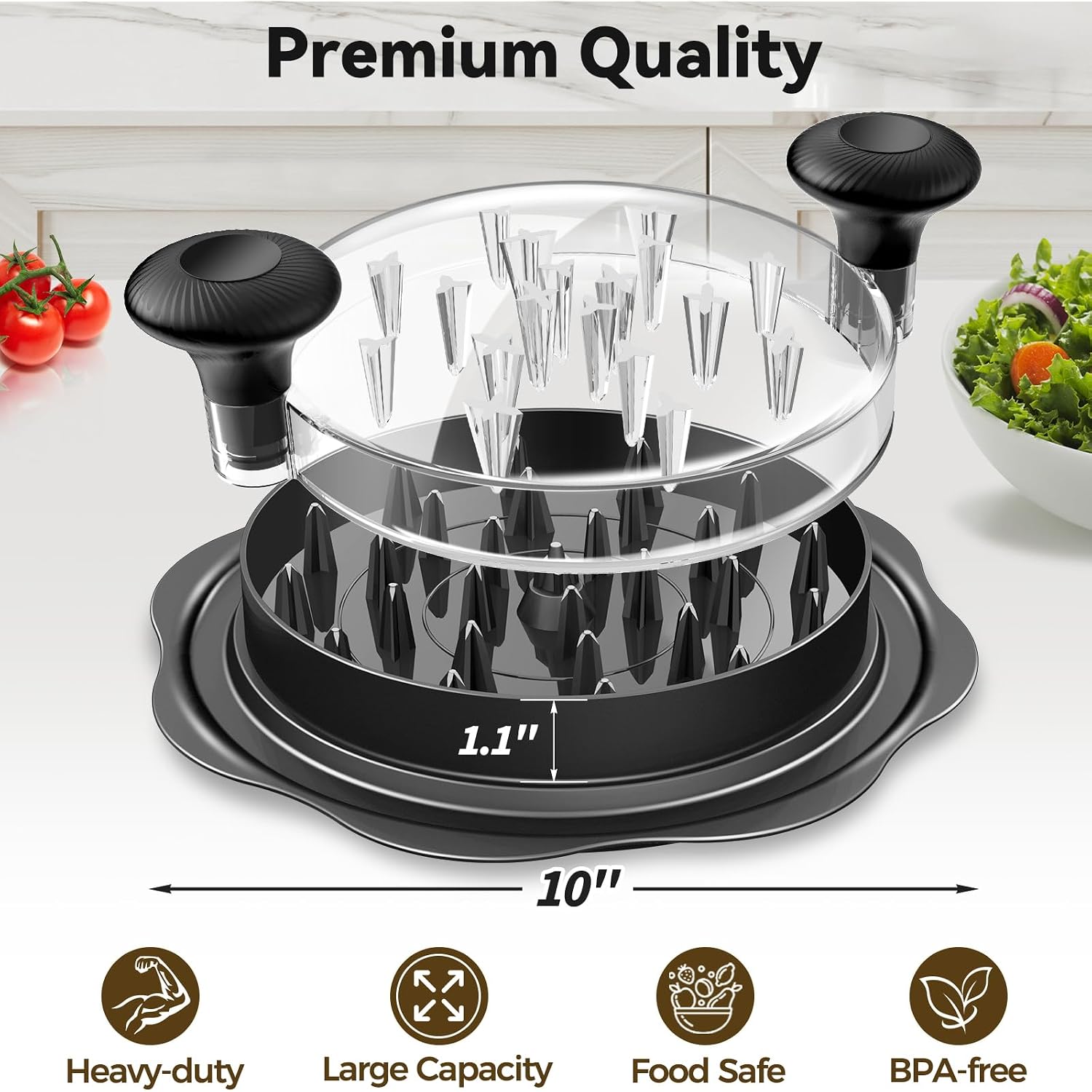 Ukeetap 10" Pro Chicken Shredder Tool Twist Large For Kitchen, Bpa-Free Food-Safe Meat Grinder, Visible Chicken Breast Meat Shredder With Strong Anti-Slip Bottom & Ergonomic Handle, Black