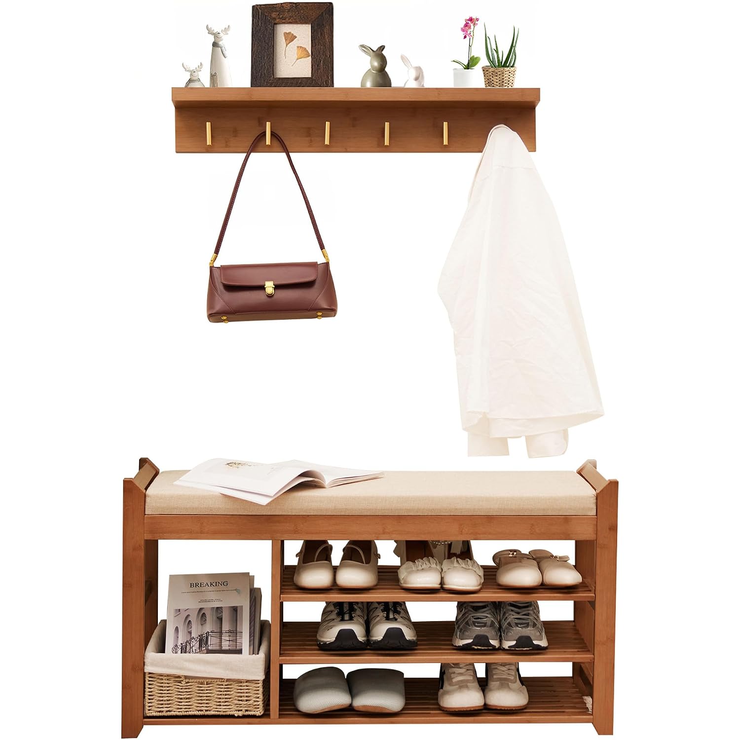 Hall Tree With Bench And Shoe Storage, Coat Rack Shoe Bench Set With Seat Cushion And 6 Hooks For Entryway, Hallway, Living Room And Bedroom