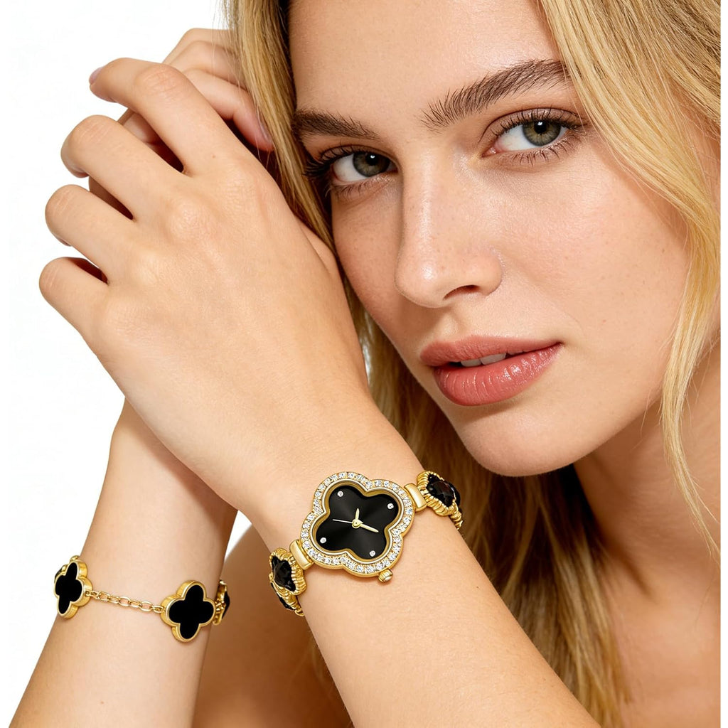 2 Pieces Women Gold Watch Bracelet Set Lucky Clover Bracelet Watch Jewelry Set 18K Gold Plated Wristwatch Flower Design Four Leaf Bracelets for Women