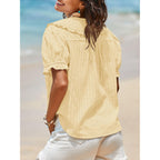 Tankaneo Womens Puff Sleeve Shirts Peter Pan Collar Button Down Cotton Blouse Casual Summer Textured Tops