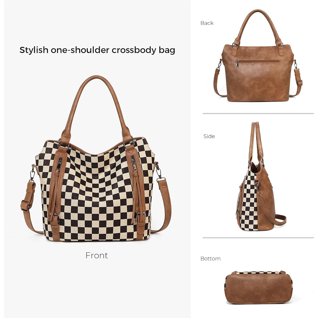 Checkered Tote Bag Large Checkered Purses For Women Plaid Hobo Shoulder Bag Multiple Pockets Tote Handbags