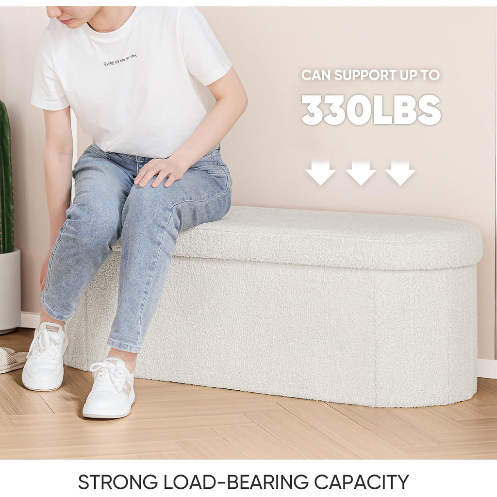 B Fsobeiialeo Ottoman With Storage For Living Room, Sherpa Folding Storage Ottoman Foot Rest, 43.3 Inches Collapsible Bedroom Bench White Cream