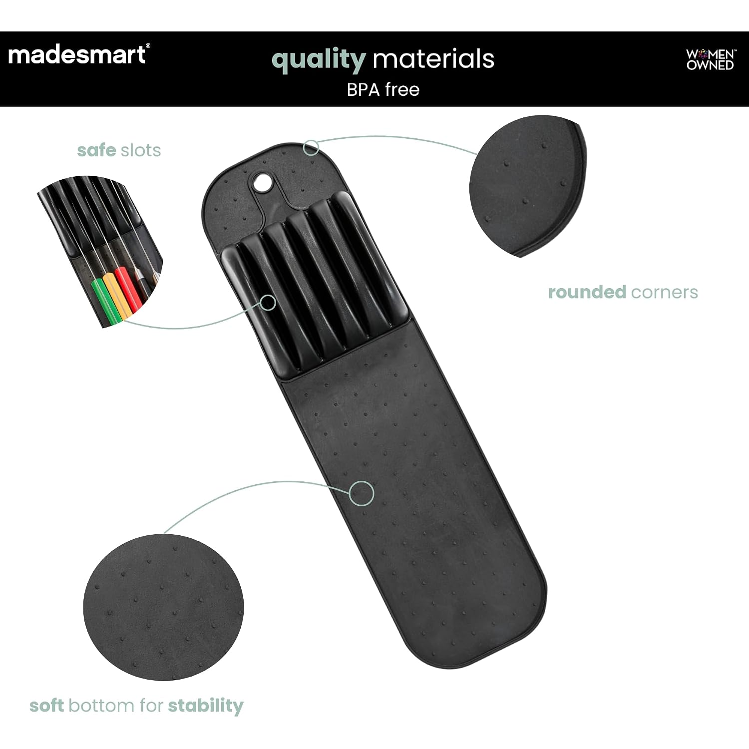 Madesmart Knife Mat, Compact Soft-Grip Slot Organizer For 5 Knives, Non-Slip Drawer Insert Protects Blades And Maximizes Space, Carbon