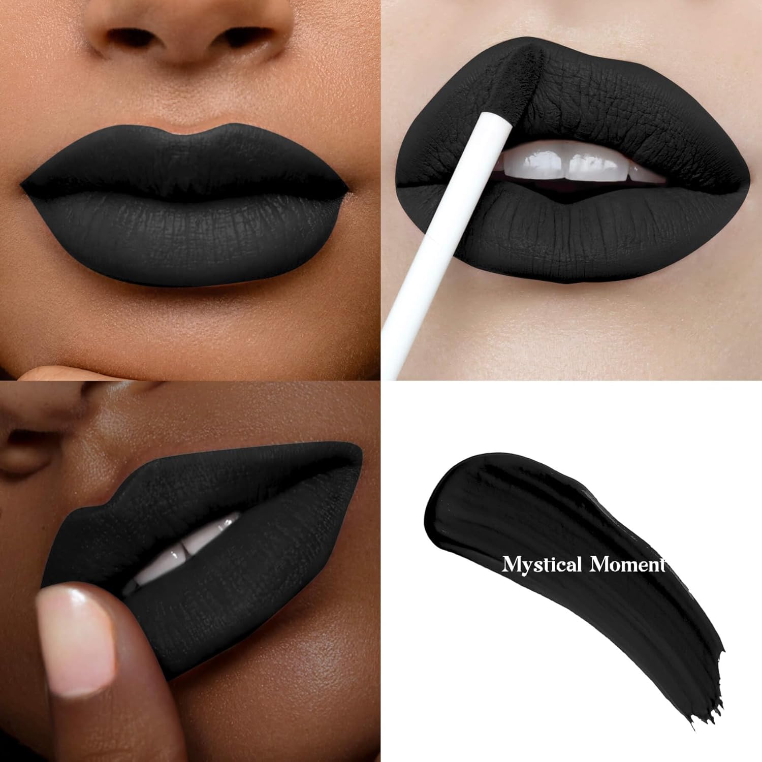 Black Matte Liquid Lipstick - Pure Black, Up to 16H Wear, Smudge Proof Transfer-Proof & Waterproof, High Pigment Lip Color for Goth, Cosplay, Halloween, 0.17 Fl Oz (Mystical Moment)