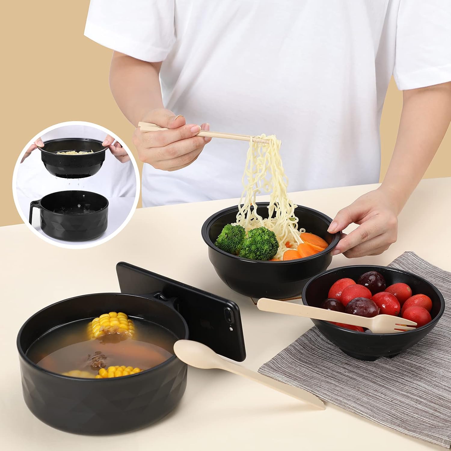Microwave Ramen Cooker,Ramen Bowl Set,Microwave Noodle Bowl With Chopsticks And Spoon, College Dorm Room Essentials For Girls For Boys, Apartment Essentials, Bpa-Free. (Black) …