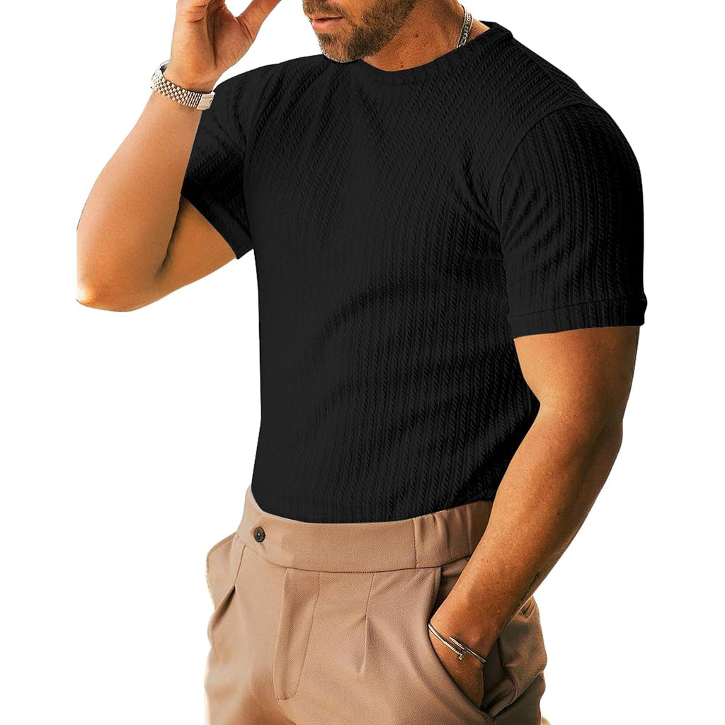 Men'S Ribbed Knit T-Shirts Short Sleeve Casual Crewneck Slim Fit Textured Pullover Tees