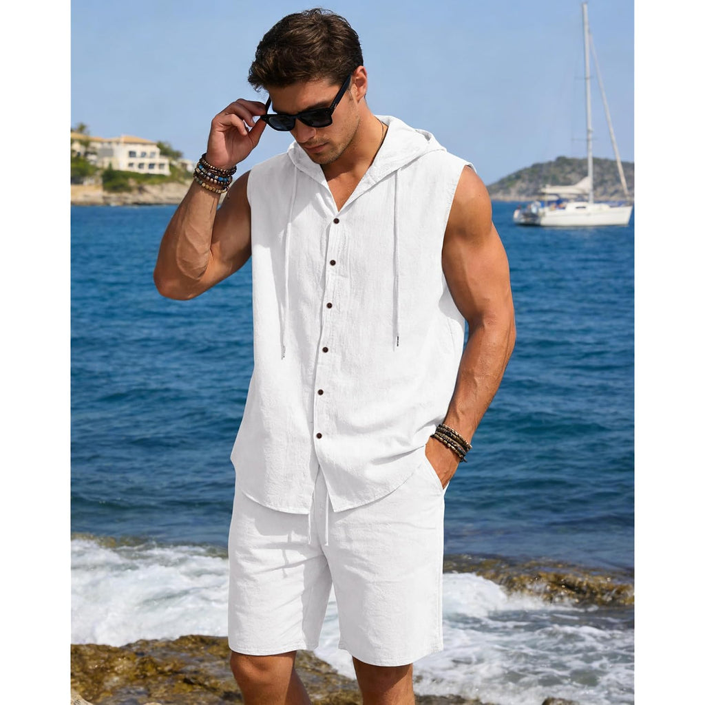 Mens Linen Sleeveless Hoodies Button Down Tank Shirt Summer Casual Beach Lightweight Hawaiian Fashion Tops