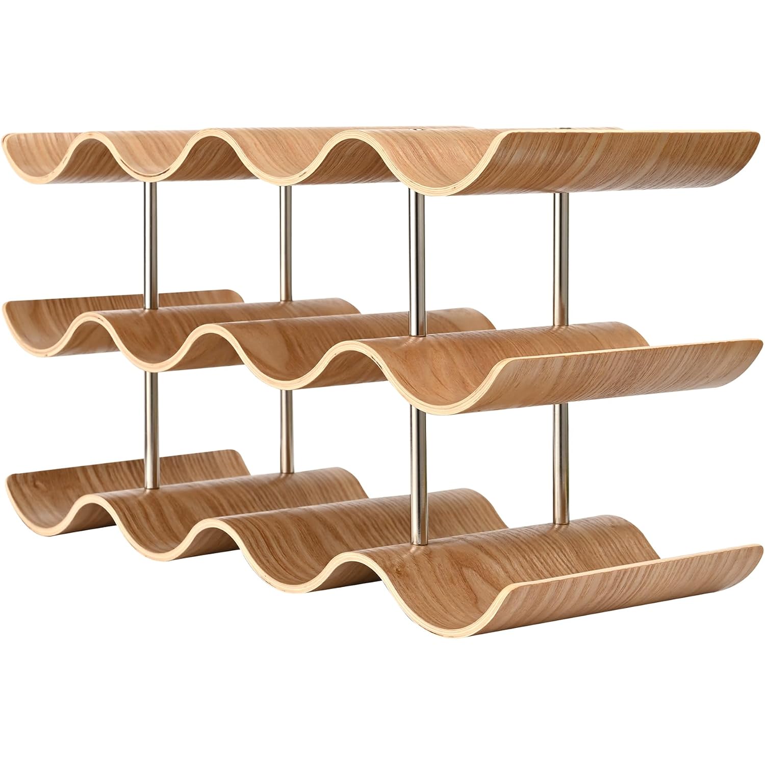 Countertop Wine Rack - 12 Bottle Freestanding Wine Bottle Holder Stand - 3 Tier Wooden Wine Storage Rack - Wavy Wine Organizer For Cabinet Pantry Home Kitchen Bar