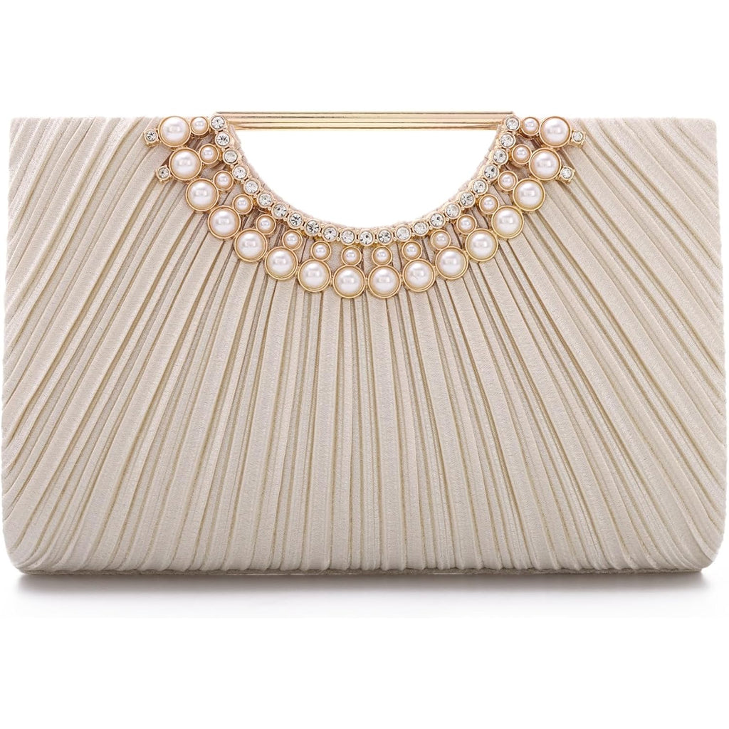 Emprier Pleated Satin Clutch For Women, Elegant Evening Bag Fits Large Smartphones, Formal Wedding Purse With Chain