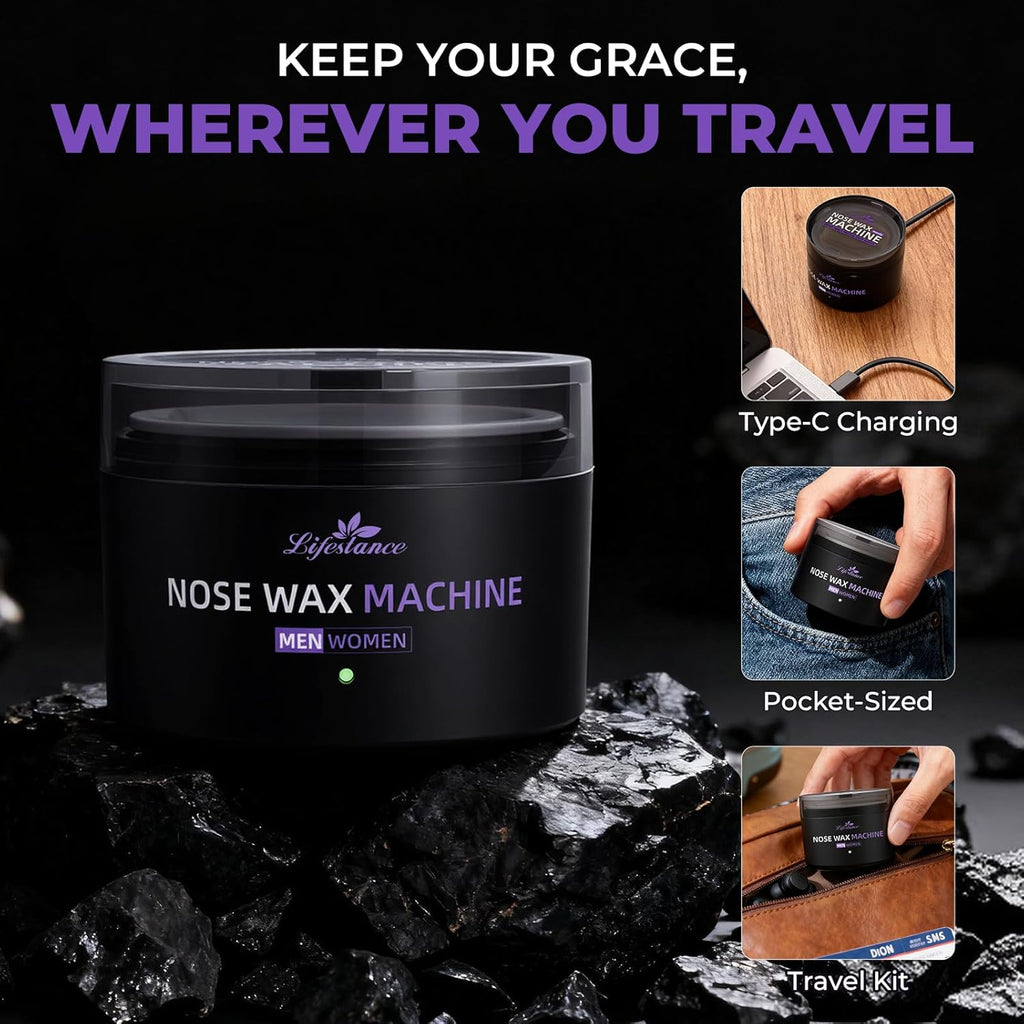 Lifestance Nose Hair Wax Kit - 120g Mini Wax Kit with USB C - Fast Heating for Men & Women, Smart Temp Control, 48 Sticks, Painless Ear Hair Removal, Compact Mini Wax Pot, Travel, Multi-Accessories