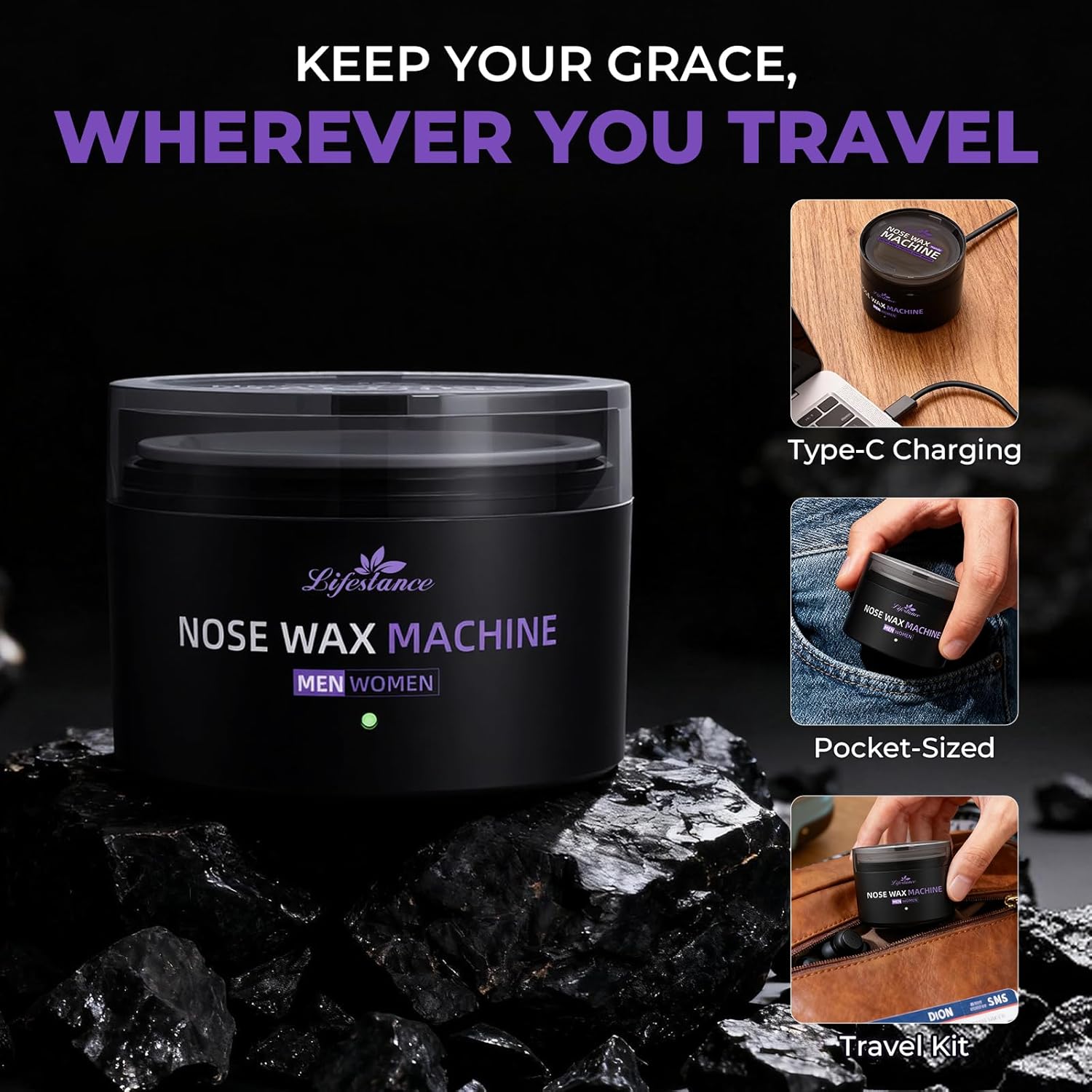 Lifestance Nose Hair Wax Kit - 120g Mini Wax Kit with USB C - Fast Heating for Men & Women, Smart Temp Control, 48 Sticks, Painless Ear Hair Removal, Compact Mini Wax Pot, Travel, Multi-Accessories