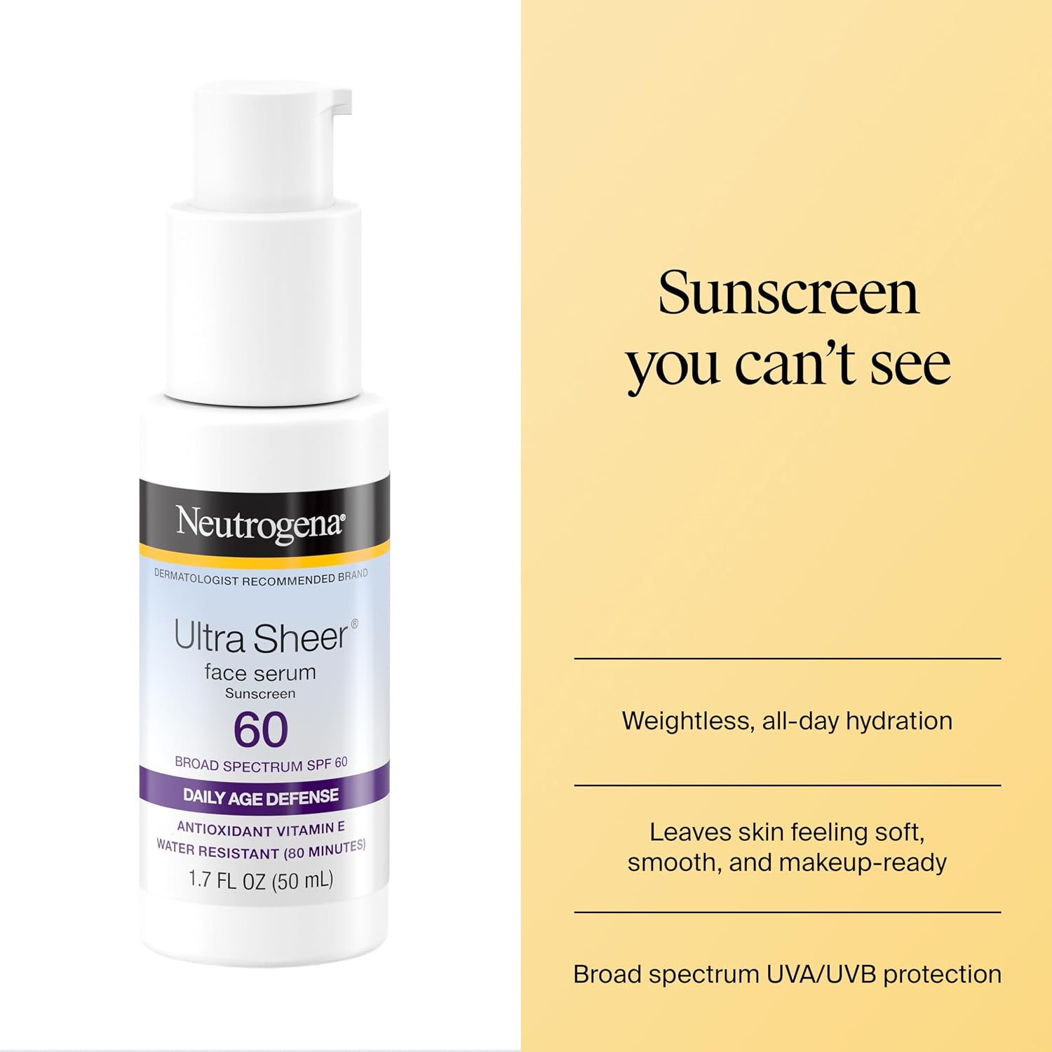 Neutrogena, Ultra Sheer Face Sunscreen With Vitamin E And Spf 60, Sunscreen For Face With Broad Spectrum Uva/Uvb Protection, Fragrance-Free, Oxybenzone-Free, Water-Resistant (80 Minutes), 50.3 Ml