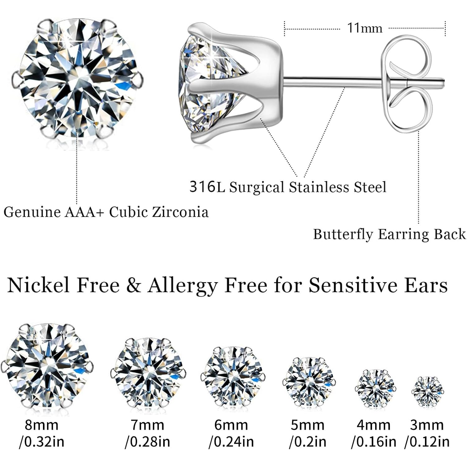 Ringcal Stainless Steel Stud Earrings Set Hypoallergenic Cubic Zirconia 14K White Gold CZ Earrings for Women