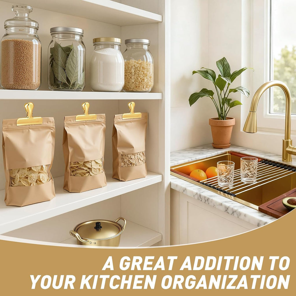 Funfery Chip Clips Bag Clips Gold Stainless Steel Clip For Food Storage,Air Tight Seal Chip Bag Clip 3 Inch Strong Food Clipp For Snack,Chips,Kitchen Decor,Home&Office Paper Heavy Duty-8 Pack