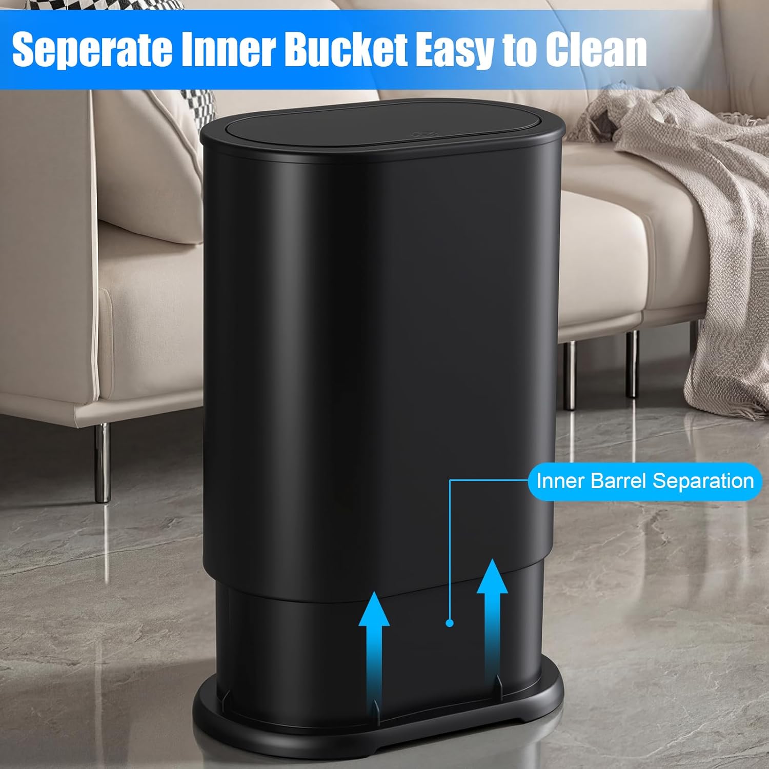 Anzoymx Stainless Steel Bathroom Trash Cans 1.8 Gallons Small Garbage Can With Pop Up Lid, Metal Narrow Wastebasket, Slim Waterproof Litter Trash Bins Set For Bedroom, Toilet, Office (Black)