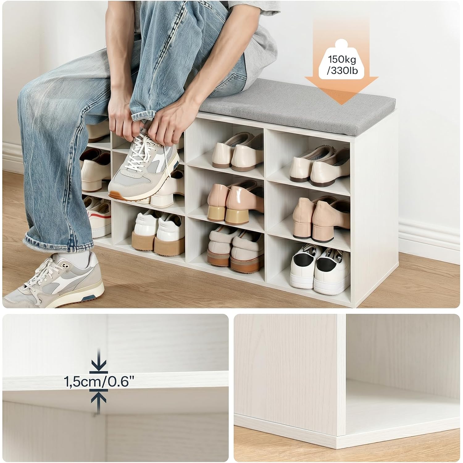 HOOBRO Shoe Storage Bench with Cushion, 39.4" L Entryway Bench with 12 Cubbies, Entryway Hall Tree with Storage, Cubby Shoe Rack Bench with Coat Rack for Hallway, Holds up to 330 lb, White WT112HX01