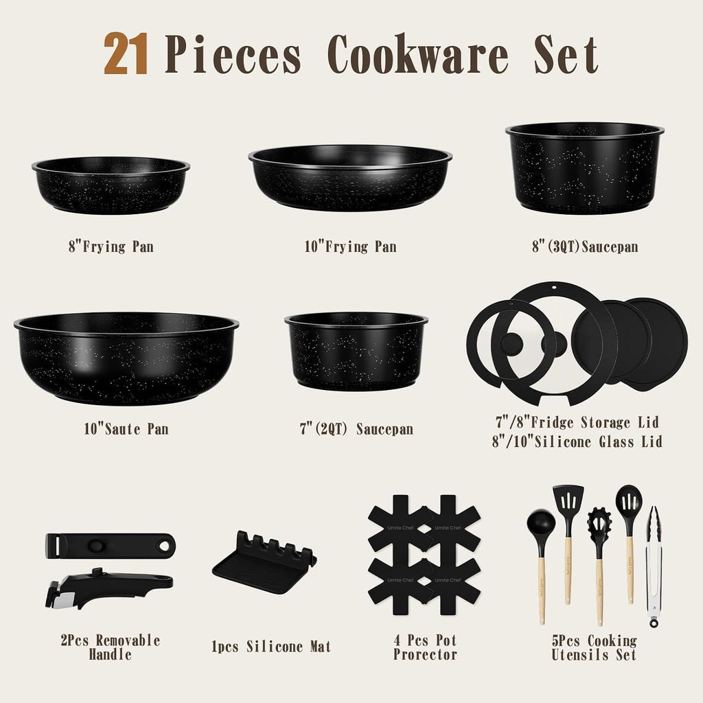 Umite Chef 21Pcs Pots And Pans Set Non Stick, Nonstick Ceramic Cookware Sets Detachable Handle, Non Toxic Healthy Induction Cookware, Kitchen Cooking Set, With Frying Pans Set, Dishwasher/Oven Safe