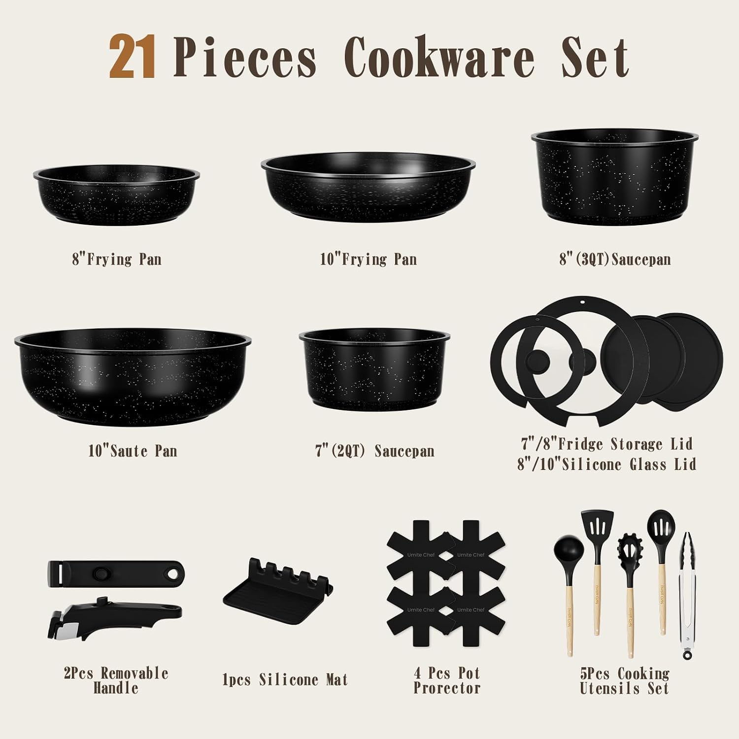 Umite Chef 21Pcs Pots And Pans Set Non Stick, Nonstick Ceramic Cookware Sets Detachable Handle, Non Toxic Healthy Induction Cookware, Kitchen Cooking Set, With Frying Pans Set, Dishwasher/Oven Safe
