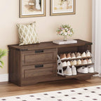 Bench With Shoe Storage For Entryway, Wooden Shoe Benches With Flip Door And Drawers, Entry Way Shoes Organizer Cabinet For Living Room Mudroom (Dark Walnut)